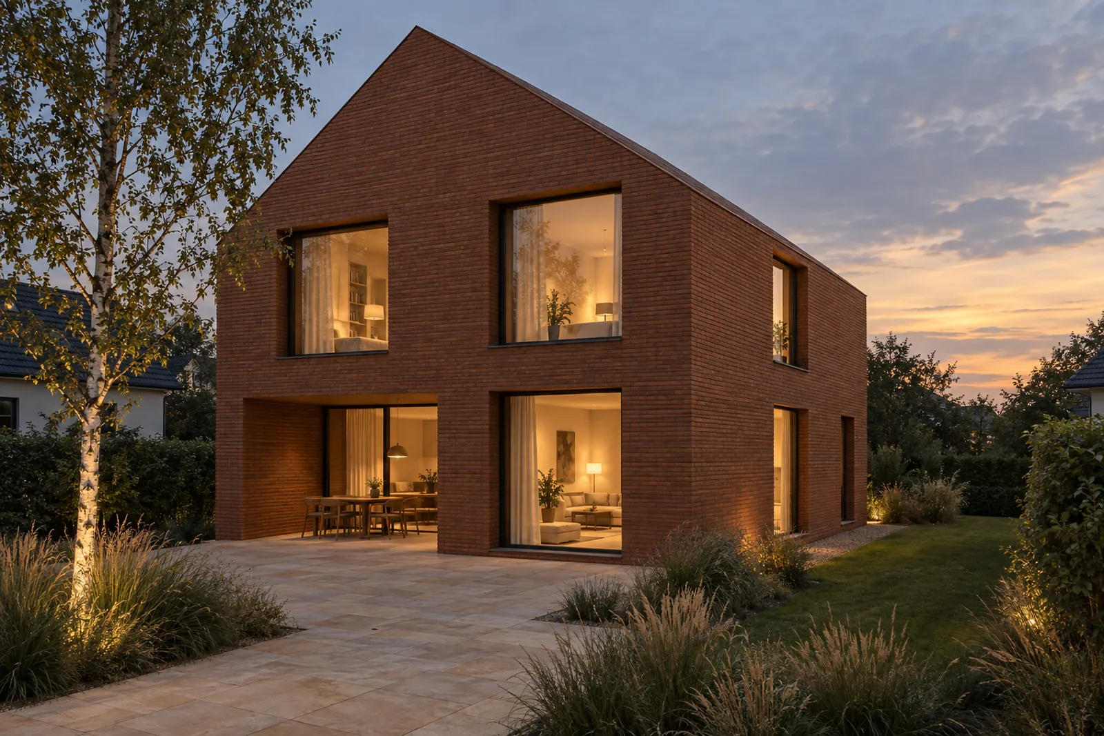 Visualisierung der Studie Aviso Haus mit Terrakotta-Fassade im Abendlicht