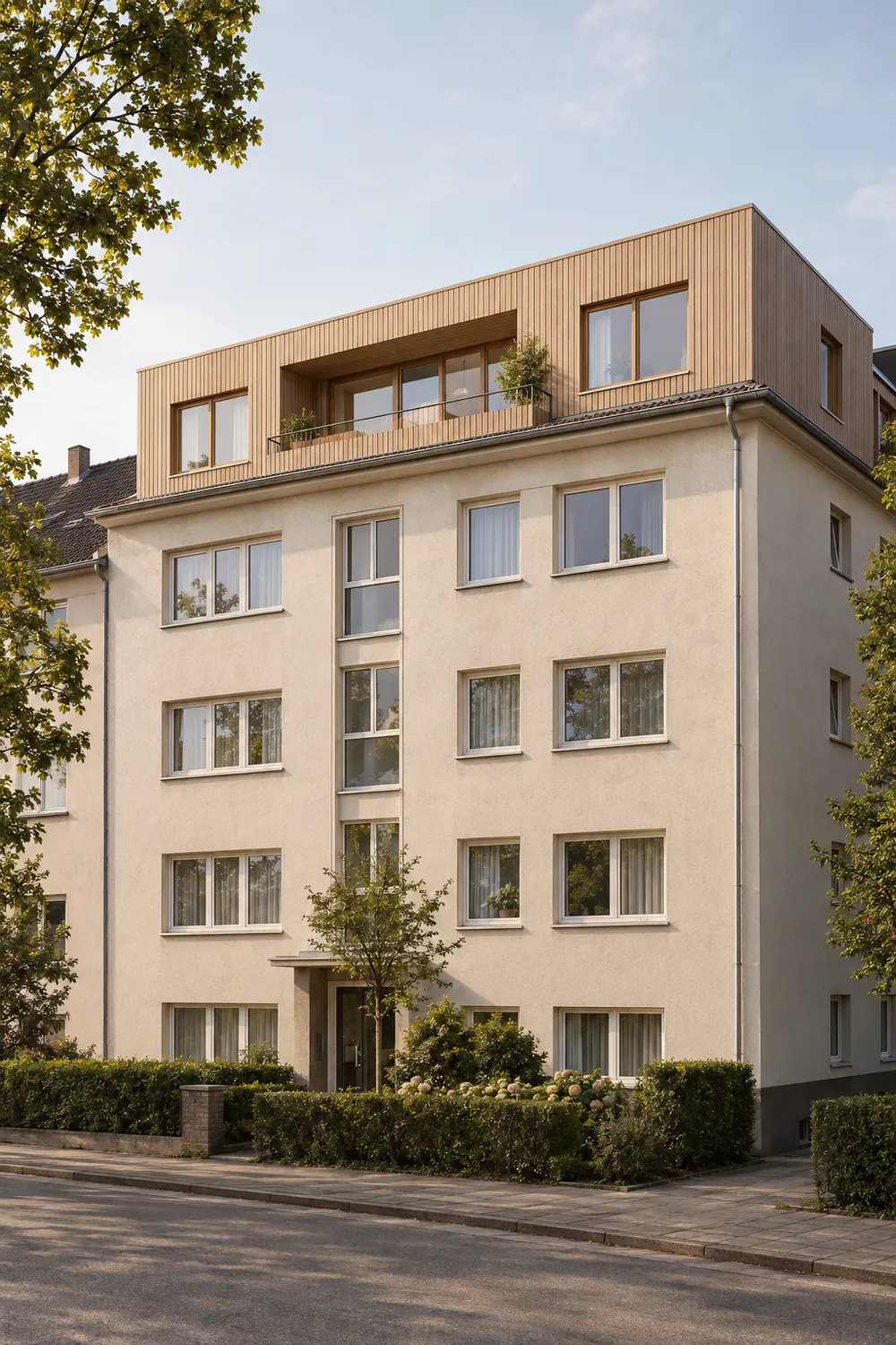 Holzaufstockung auf einem Wohnhaus der Nachkriegszeit