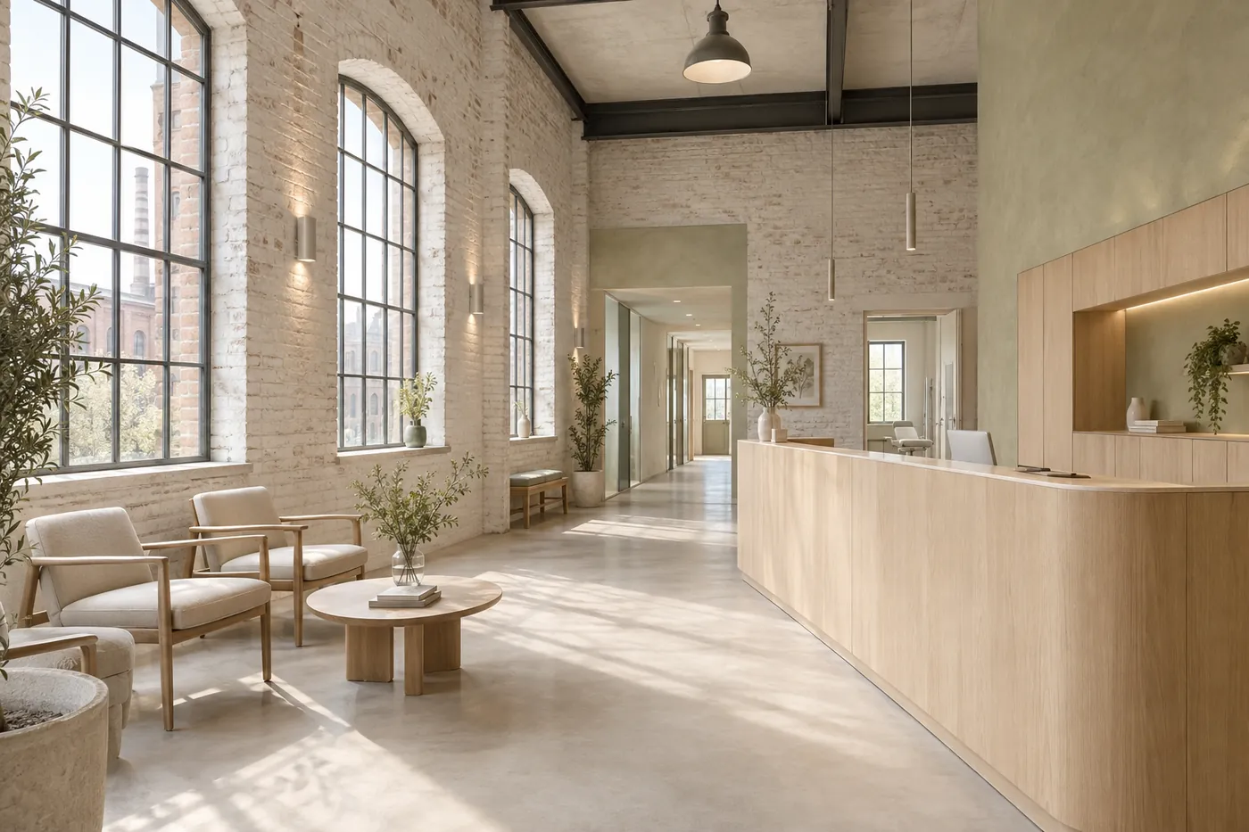 Arztpraxis in einer umgebauten Backsteinhalle