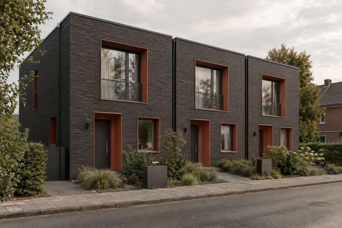Drei Stadthäuser mit dunkler Klinkerfassade und Terrakotta-Laibungen