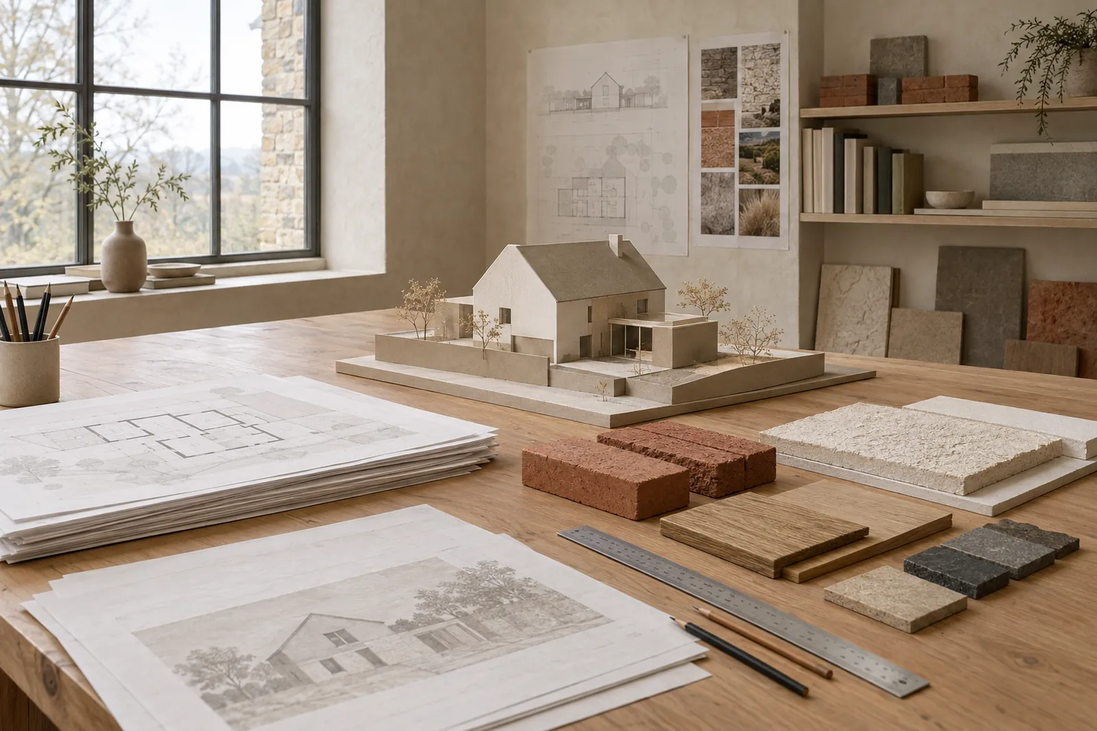 Arbeitstisch im Studio mit Massenmodell, Plänen und Materialmustern